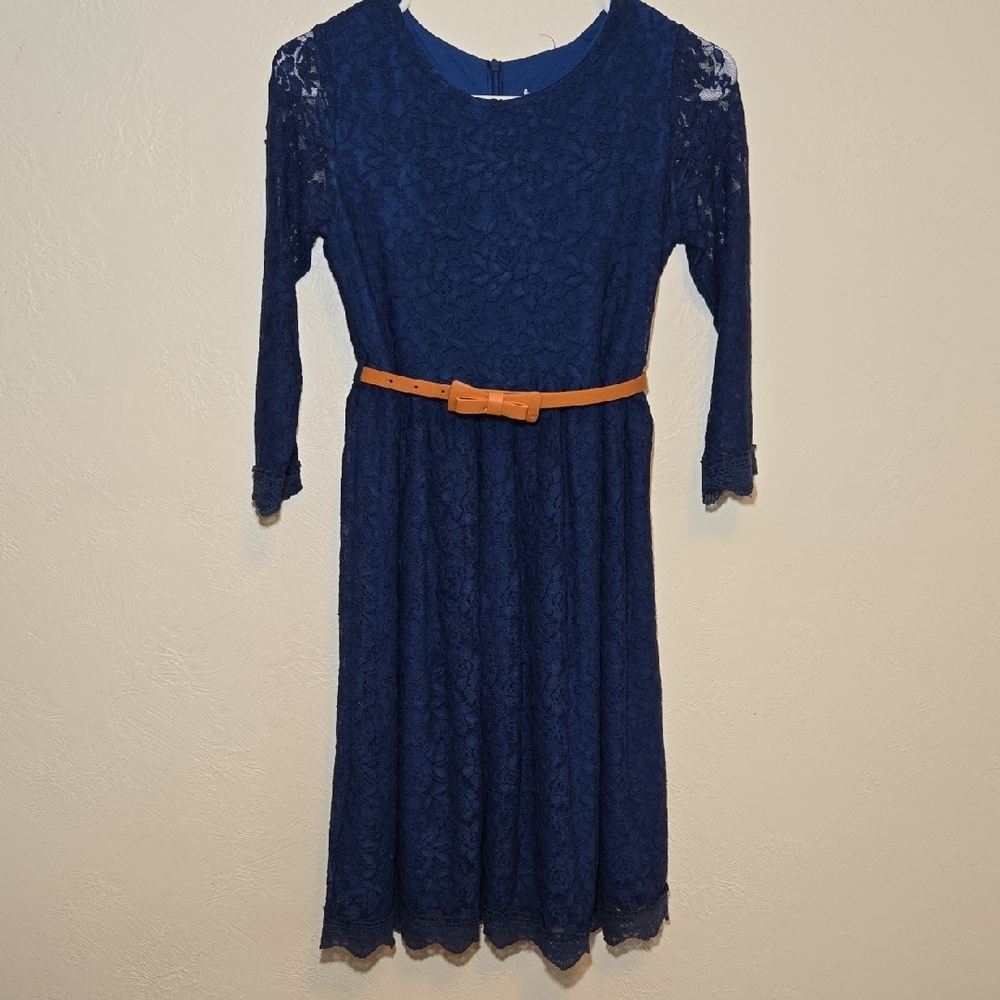 Blue Lace Kids Dress with Belt
